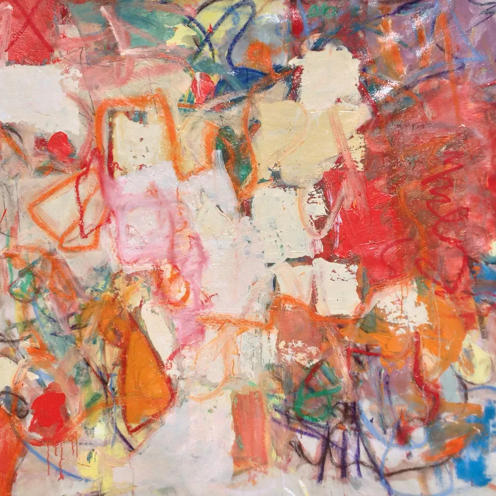 Pintura d'Alícia Expósito: traços gestuals en vermells, taronges, blaus i blancs.